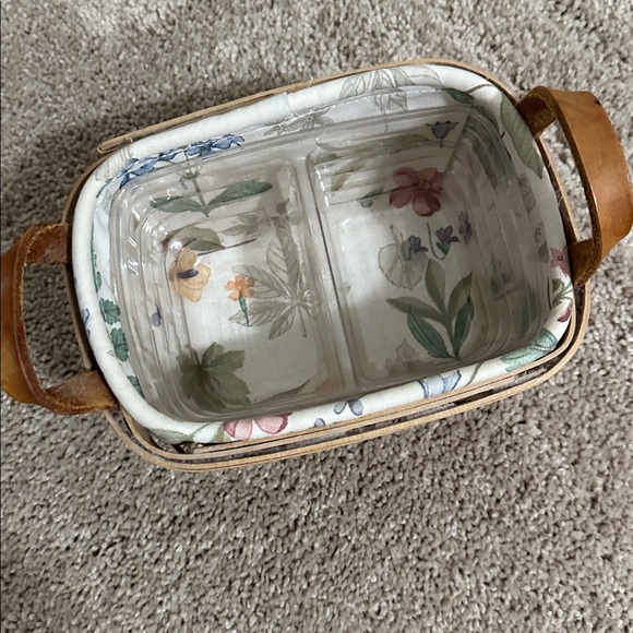 Longaberger 1999 Divided Rectangle Basket Floral Liner/Protector/Leather Handles - Picture 11 of 11
